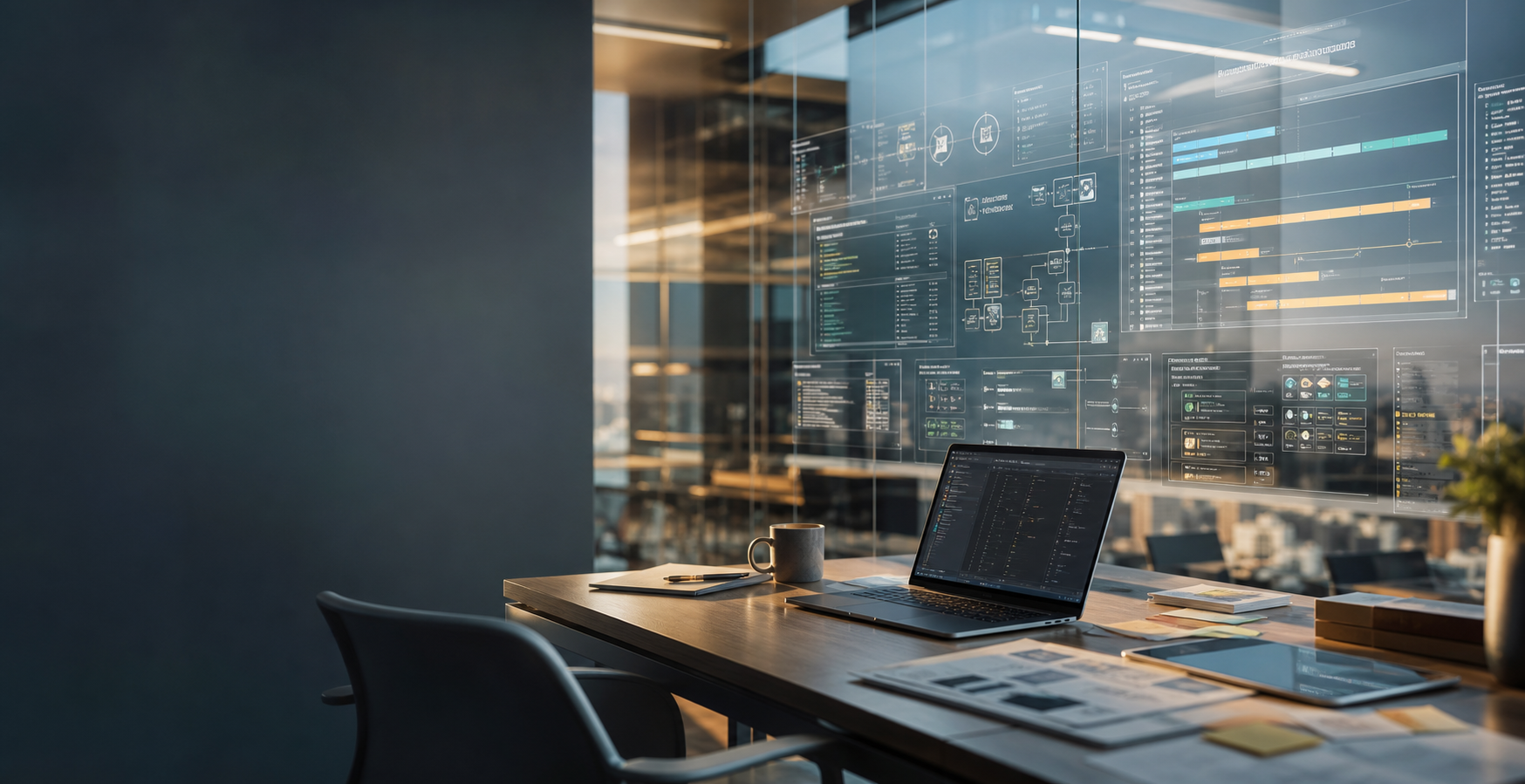Modern workspace with software architecture and product planning screens